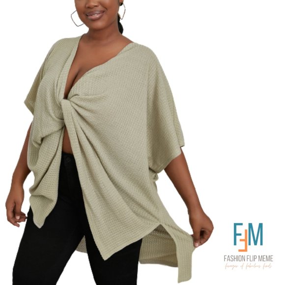 Oversized Twist-Front Short Sleeve Loose Fit Batwing High-Low Top, Plus Size - Picture 2 of 5